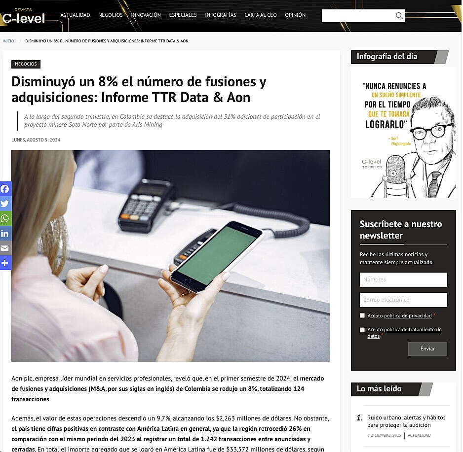 Disminuy un 8% el nmero de fusiones y adquisiciones: Informe TTR Data & Aon